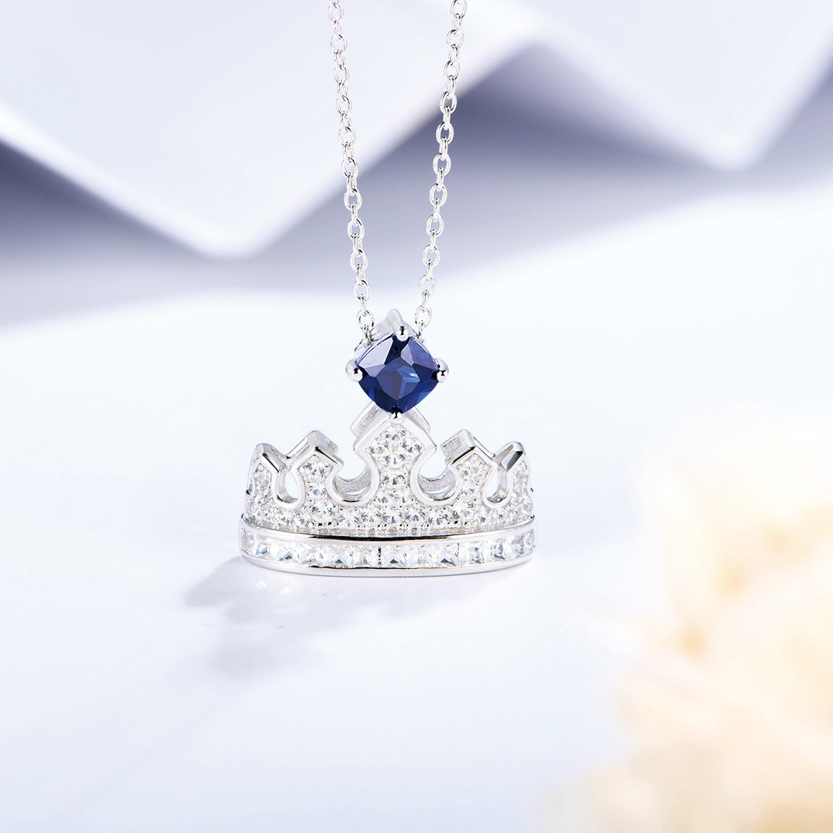 Sterling Silver Necklace with Square Blue Sapphire Full Diamond Crown Pendants