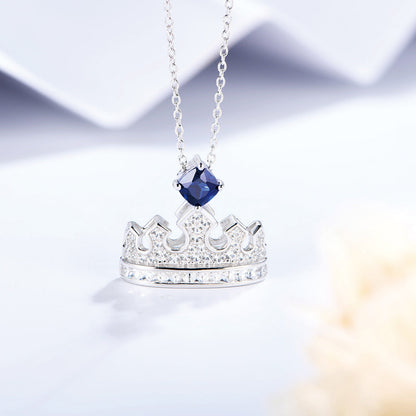 Sterling Silver Necklace with Square Blue Sapphire Full Diamond Crown Pendants