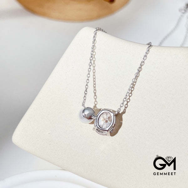 S925 Sterling Silver White Oval Zircon Pearl Necklace