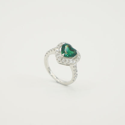 White Gold Heart Emerald Full Stones Signet Ring