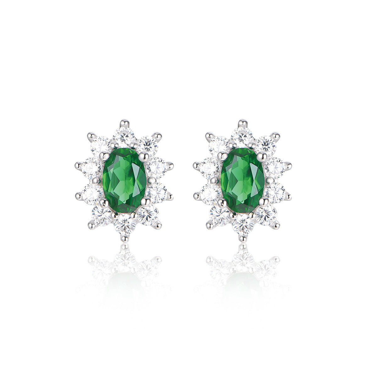 White Gold Sun Flower Full Stones Stud Earrings with Oval Brilliant Cut Emerald Gem