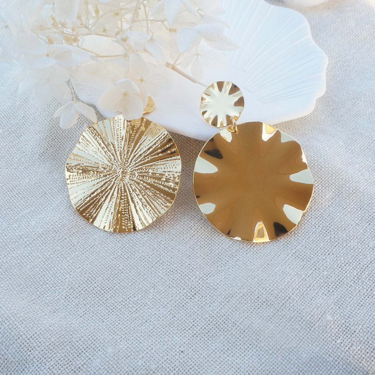 Wavy Textures Disc Gold Big Drop Earrings