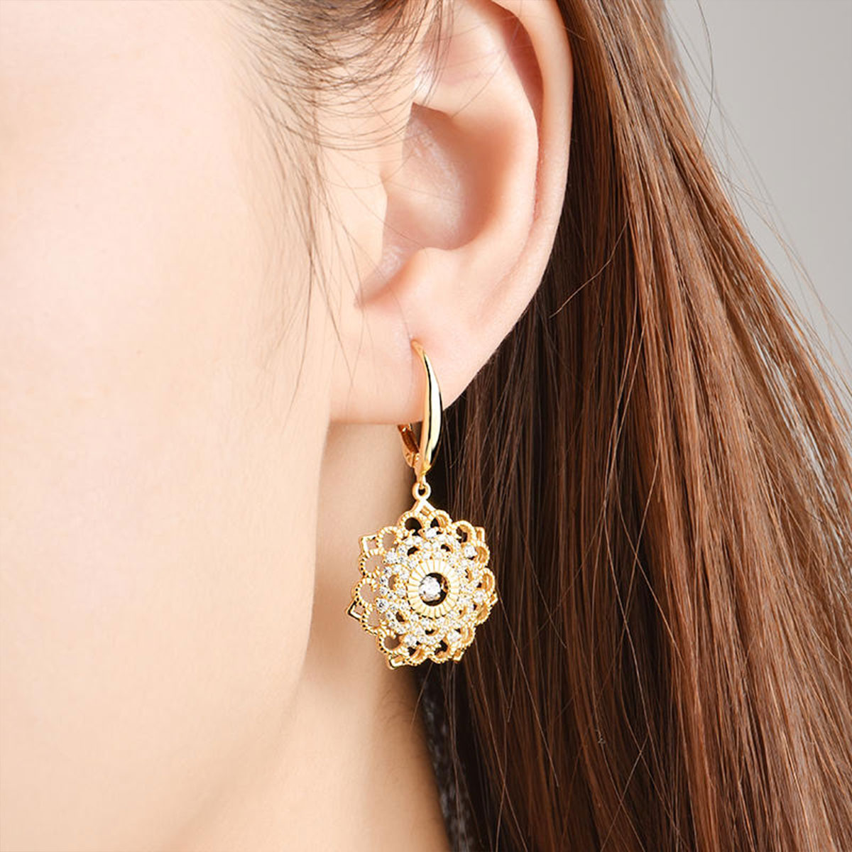 Gold Flower Shape Full Stones Hollow Dangle Earrings