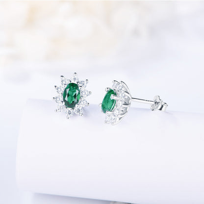 White Gold Sun Flower Full Stones Stud Earrings with Oval Brilliant Cut Emerald Gem