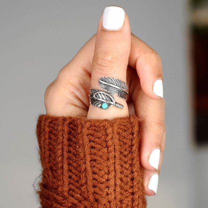 Retro Turquoise Feather Jewelry Ring