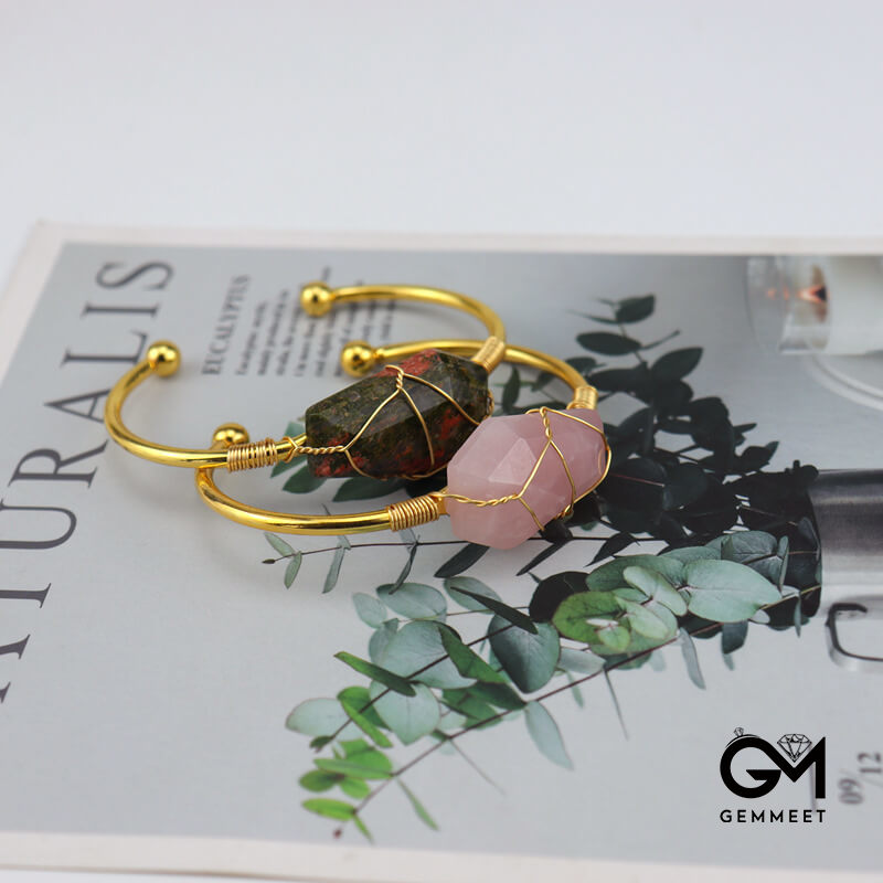 Gold Copper Wire Wrapped Crystal Hexahedron Bracelet