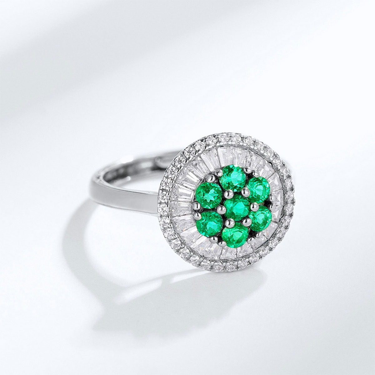 White Gold Circle Halo Emerald Signet Ring