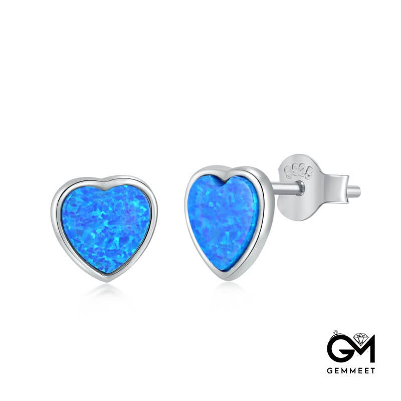 S925 Sterling Silver Blue Heart Opal Stud Earrings