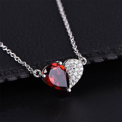 White Gold Half Design Ruby Gem Heart Shape Pendant Chain