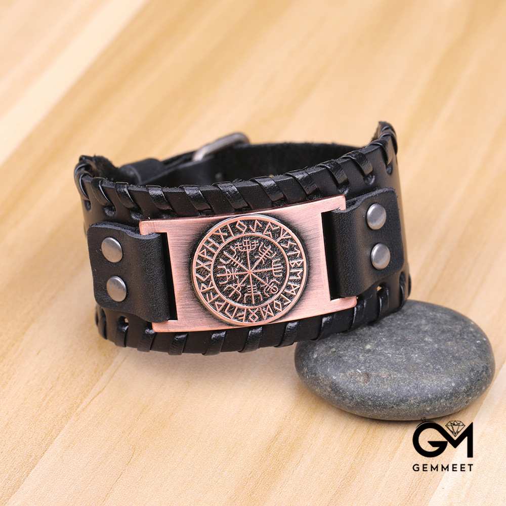 Wide Leather Odin Compass Bracelet