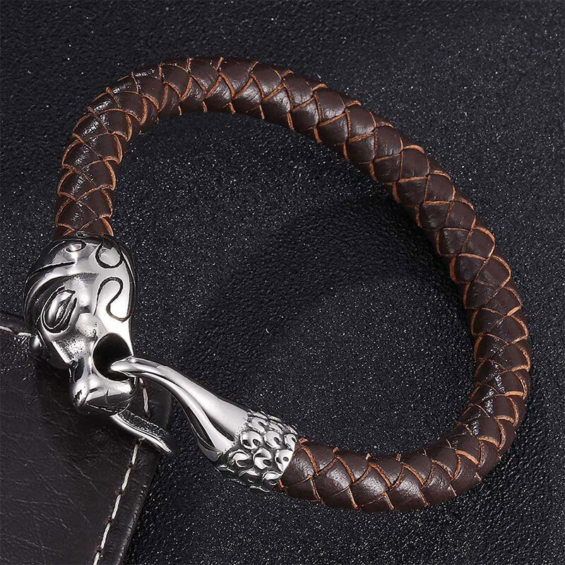 Trendy Bracelet Personalized Men's Stainless Steel Snake Buckle Leather Bracelet