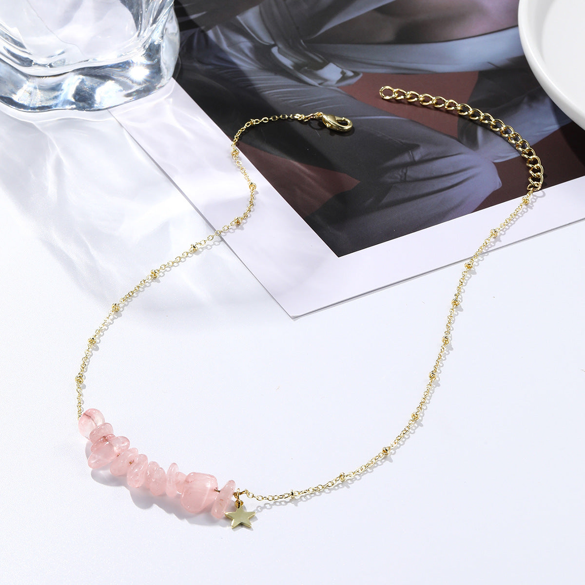 Irregular Pink Stones Link Chain Necklace