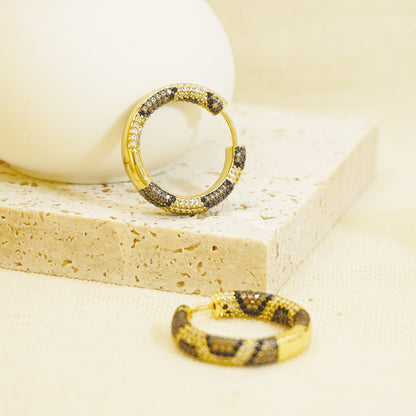 Brown & White Stones Snake Skin Textures Gold Hoop Earrings