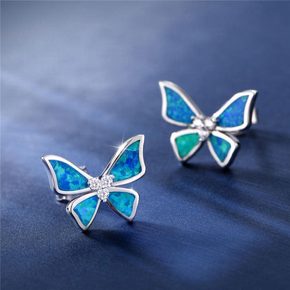 White Gold Butterfly Shape Blue Opal Stud Earrings