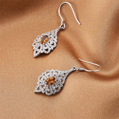 White Gold Hollow Retro Orange Gem Dangle Earrings