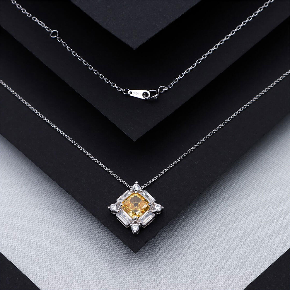 White Gold Square Cut Yellow Gem Halo Pendant Chain