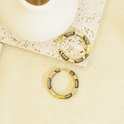 Brown & White Stones Snake Skin Textures Gold Hoop Earrings