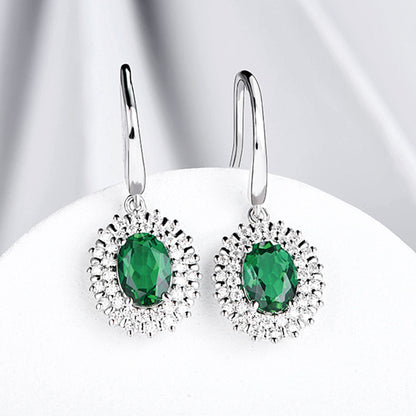 White Gold Oval Emerald Gem Drop Earrings with Worldwide Setting Stones