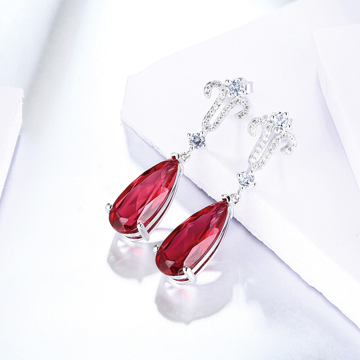 White Gold Full Zultanite Stones Drop Earrings with Pear Brilliant Cut Ruby Gem