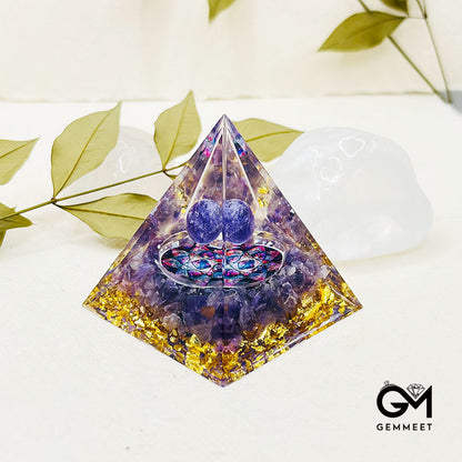 Amethyst Sphere with Crystals Orgone Pyramid