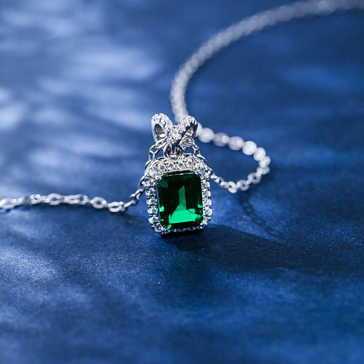 Rectangle Halo Emerald Pendant Chain