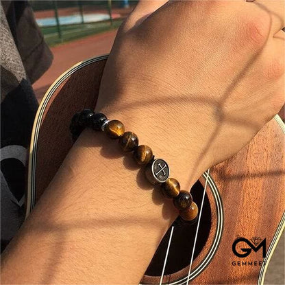 Tiger Eye Beaded Men Cross Bracelet