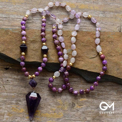 Purple Jade Amethyst  Beaded Mala Necklace