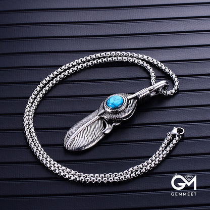 Stainless Steel Feather Turquoise Pendant Necklace