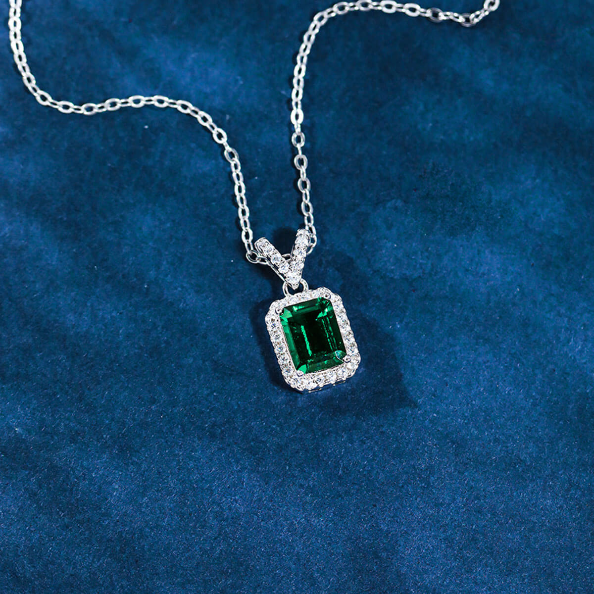 Rectangle Halo Emerald Pendant Chain