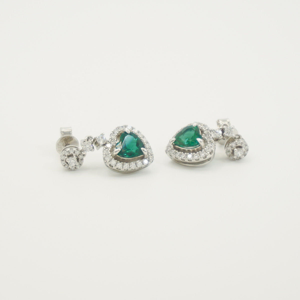 White Gold Halo Heart Emerald Full Stones Drop Earrings