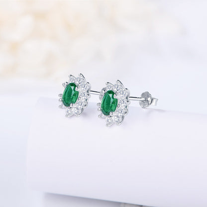 White Gold Sun Flower Full Stones Stud Earrings with Oval Brilliant Cut Emerald Gem