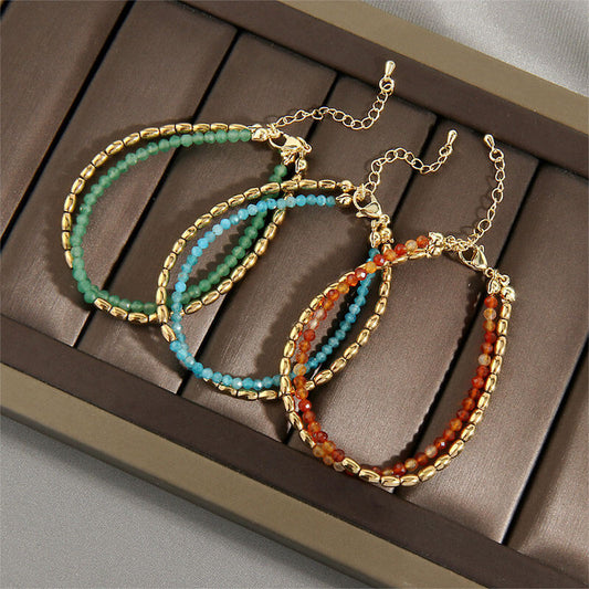 Handmade Colored Stone Beaded Bracelet Women's Vintage Double-layer Staggered Bracelet Jewelry