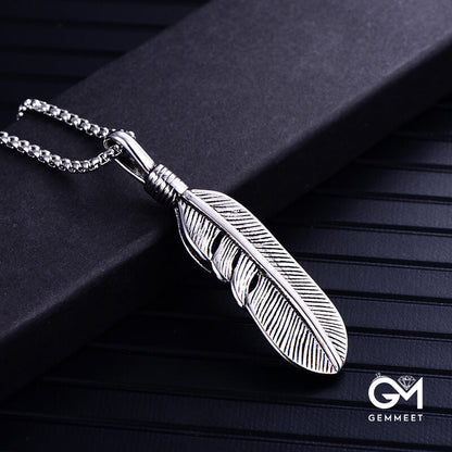 Stainless Steel Feather Turquoise Pendant Necklace