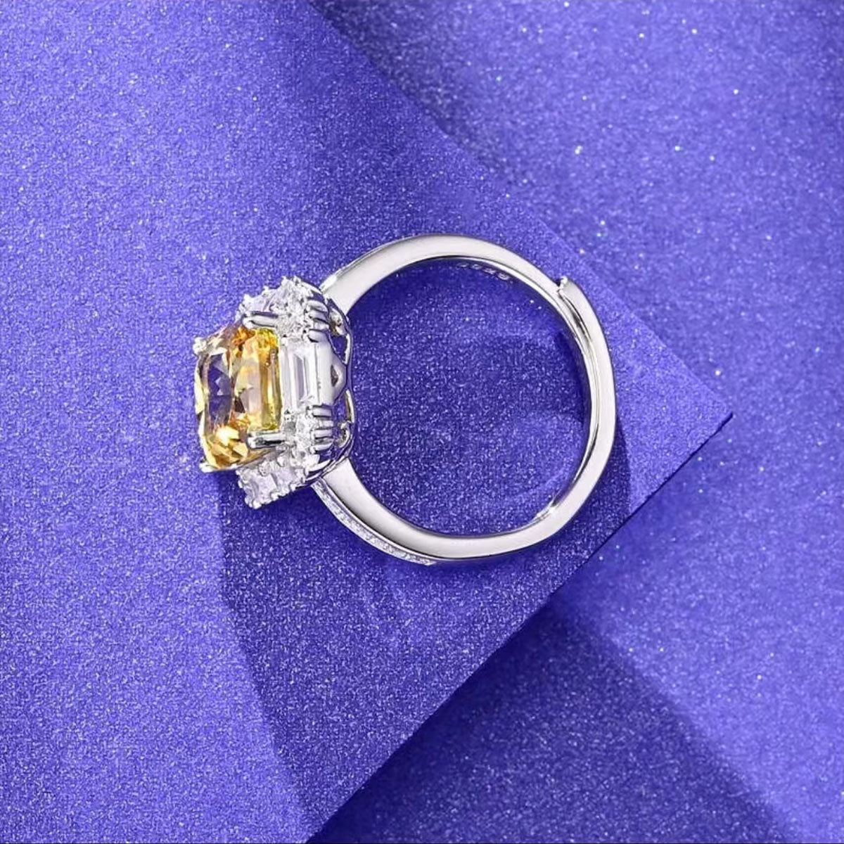 White Gold Rectangle Yellow Gem Adjustable Halo Ring