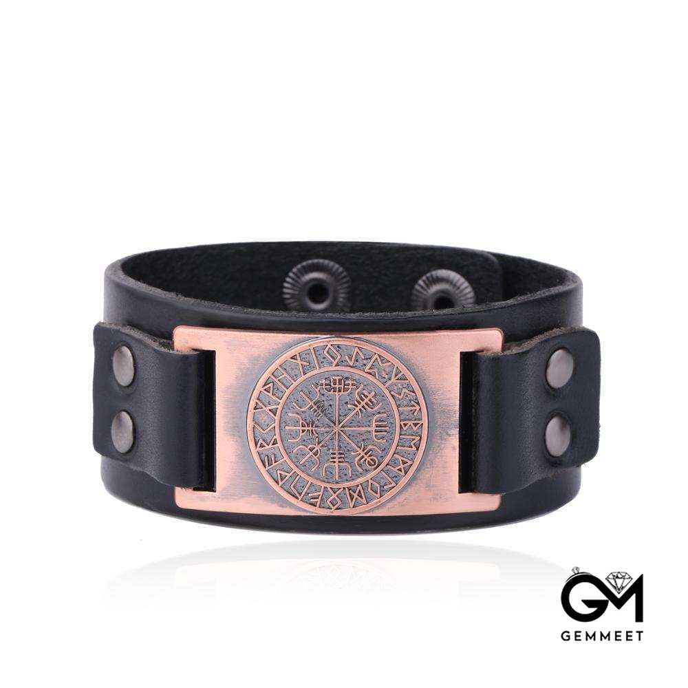 Wide Leather Odin Compass Bracelet