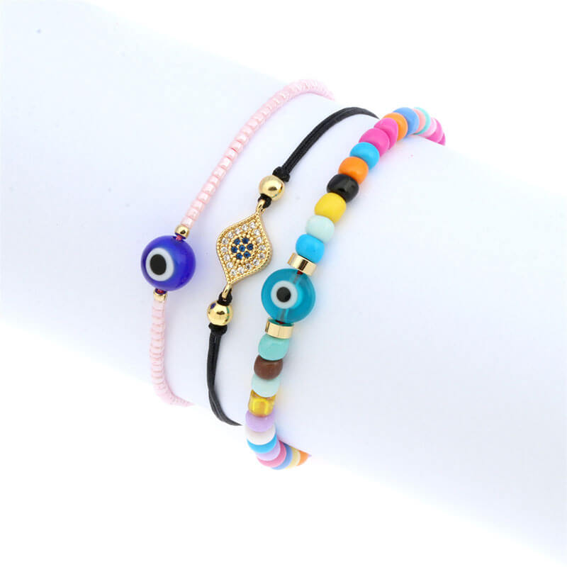 Boho Style Handwoven Multicolor Beaded Bracelet Round Resin Eye and Hand Jewelry