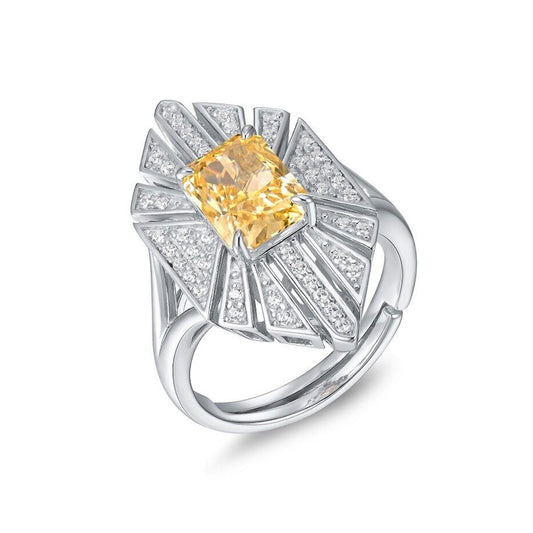 White Gold Shield Shape Yellow Gem Radial Halo Ring