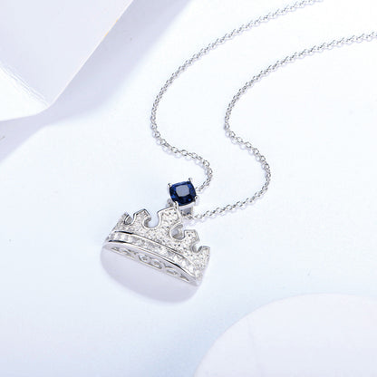 Sterling Silver Necklace with Square Blue Sapphire Full Diamond Crown Pendants