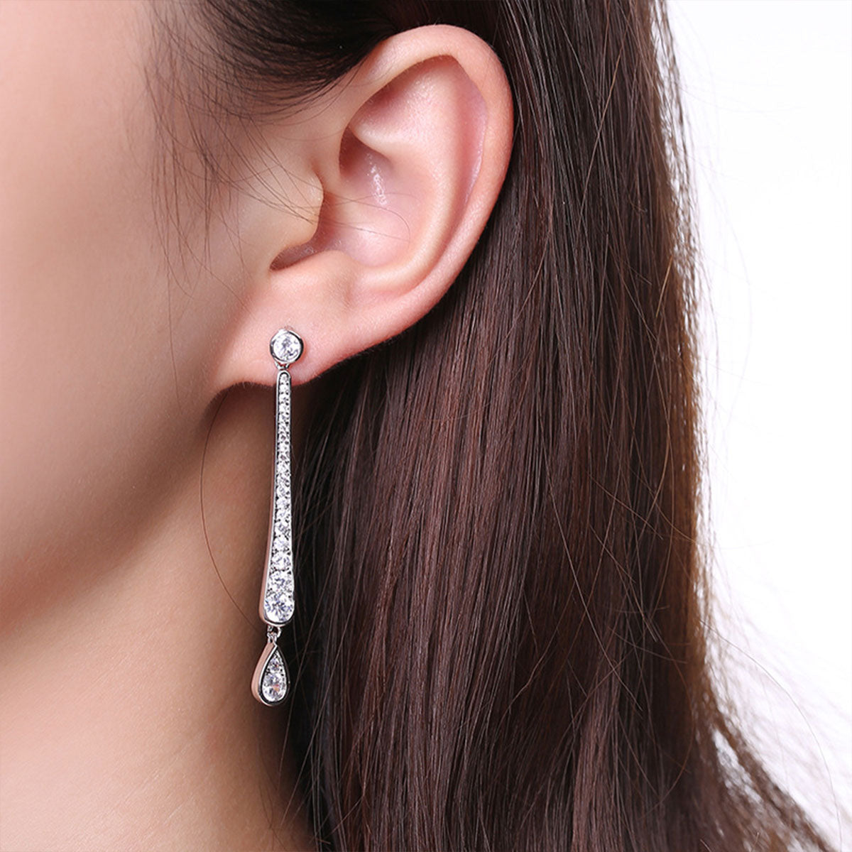 White Gold Full Stones Stick & Drip Drop Earrings