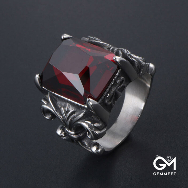 Titanium Steel Royal Flower Red Zircon Ring