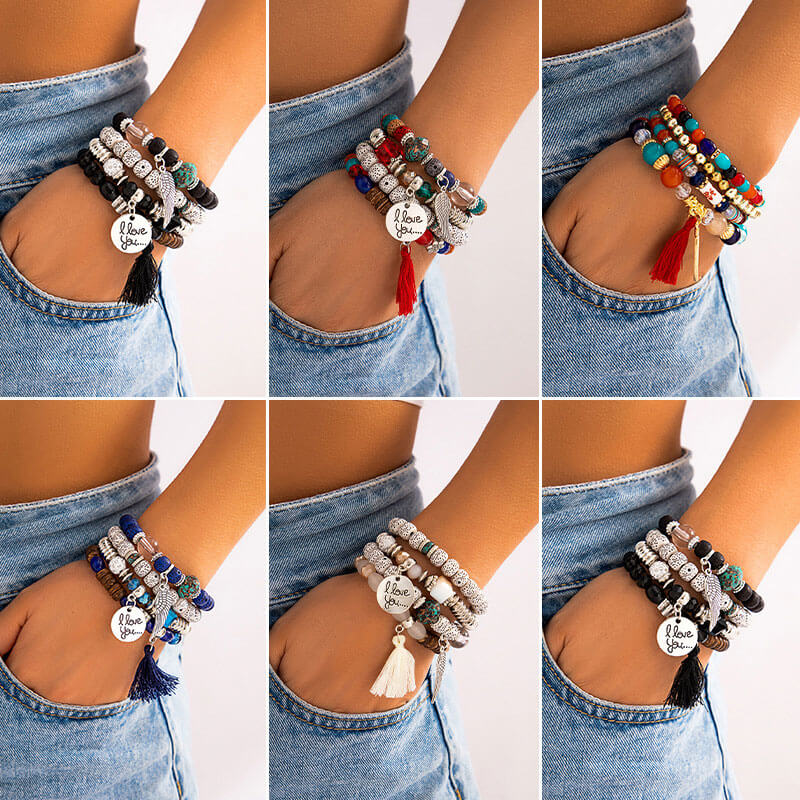 Stacked Bracelets Women's Retro Handmade Elastic Beaded Glazed Tassel Bracelet