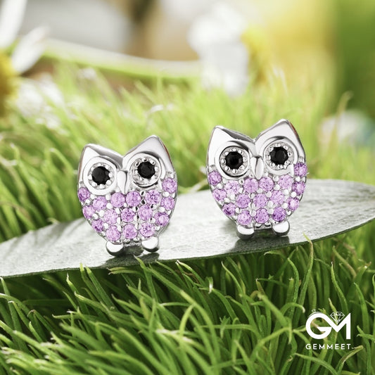 S925 Purple Black Zircon Owl Earrings