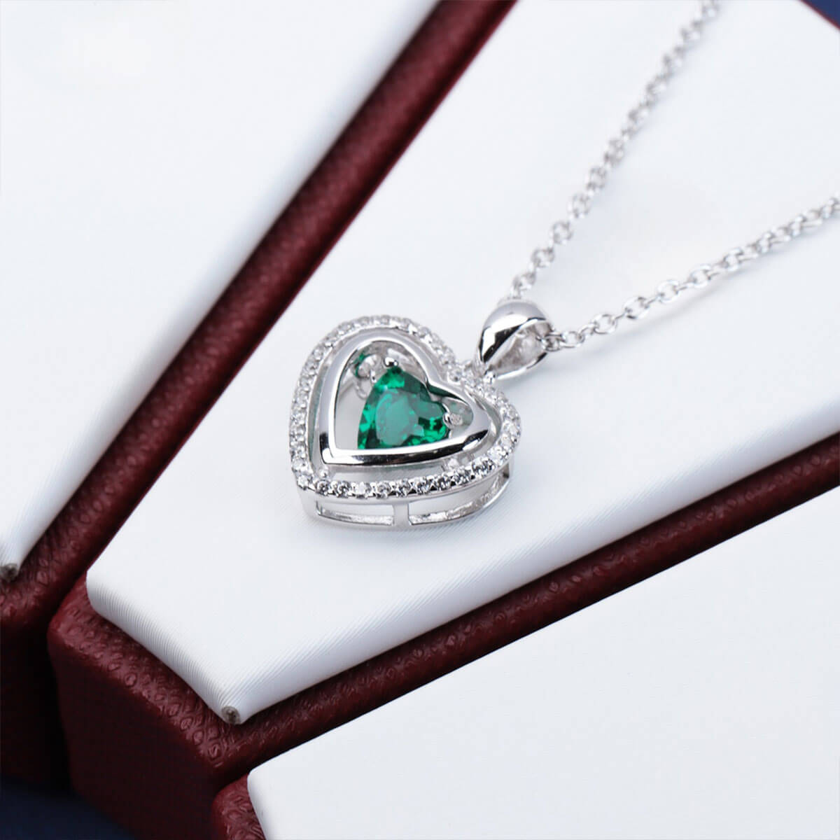 White Gold Halo Heart Beating Emerald Pendant Chain