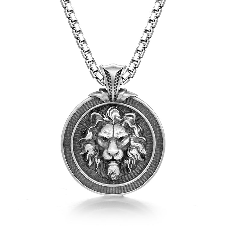 Sterling Silver Hip-Hop Round Male Lion Pendants Necklace