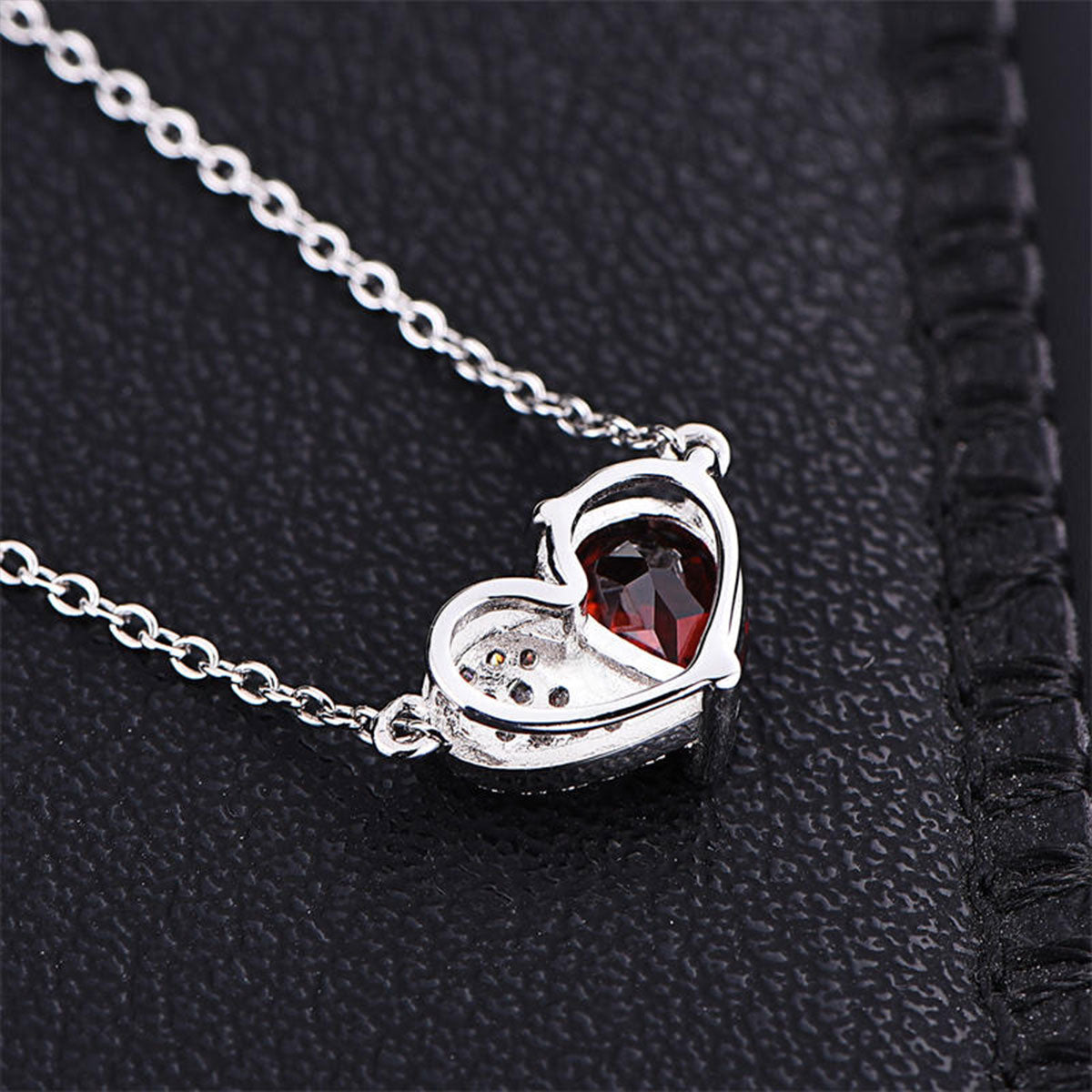 White Gold Half Design Ruby Gem Heart Shape Pendant Chain