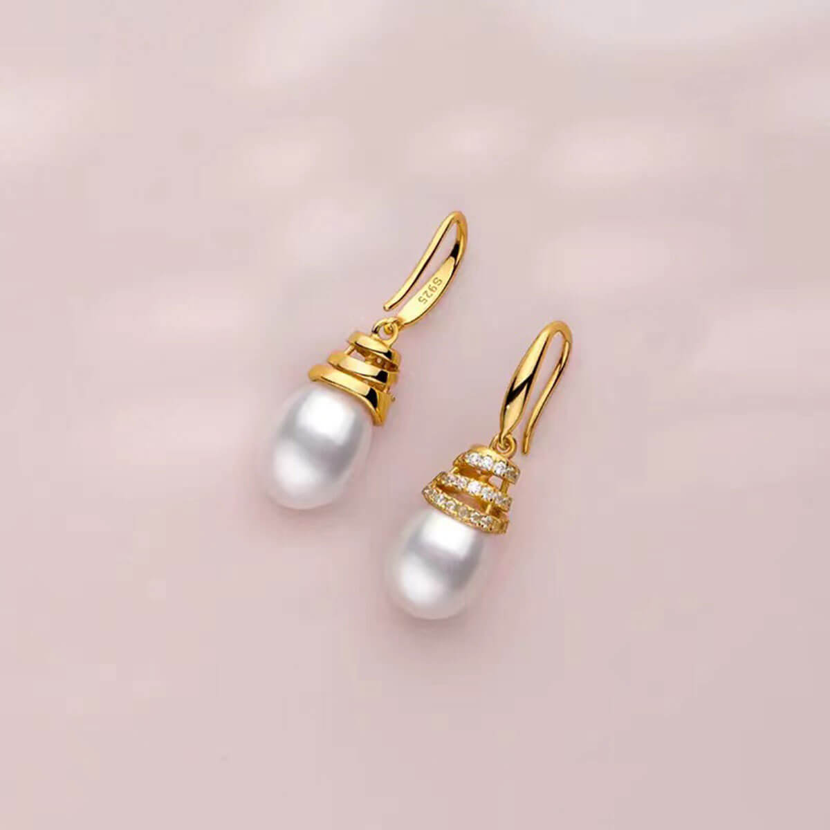 Golden Full Stones Organic Oval Pearl Dangle Earrings