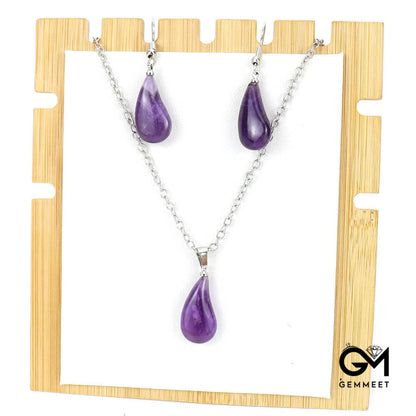 Stainless Steel Crystal Amethyst Drop Pendant Necklace