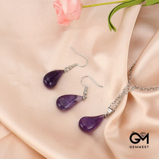 Stainless Steel Crystal Amethyst Drop Pendant Necklace