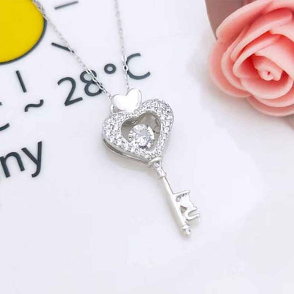 White Gold Heart Key Shape Full Stones Beating Heart Pendant