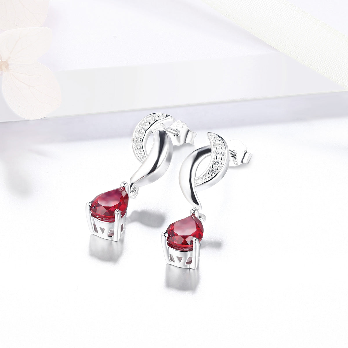 White Gold Hollow Drop Earrings with Pear Brilliant Cut Ruby Gem